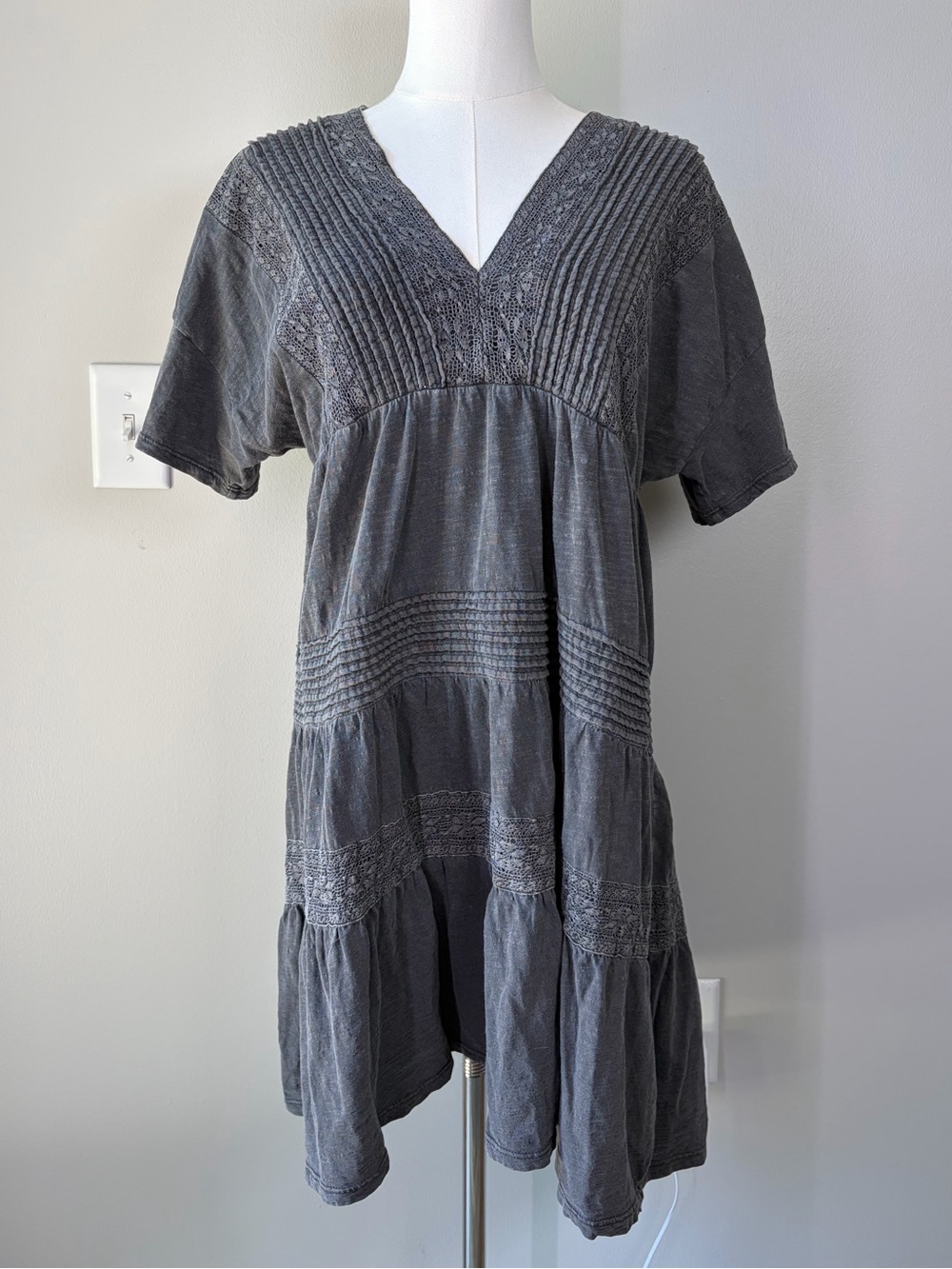 Lucky Brand Charcoal Gray Mini Dress with Pintuck & Crochet Detail